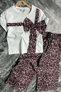Kız Çocuk Leopar Desenli Fiyonk T-shirt Bol Kesim Leoparlı Keten Alt Üst Takım