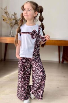 Kız Çocuk Leopar Desenli Fiyonk T-shirt Bol Kesim Leoparlı Keten Alt Üst Takım