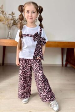 Kız Çocuk Leopar Desenli Fiyonk T-shirt Bol Kesim Leoparlı Keten Alt Üst Takım