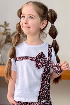 Kız Çocuk Leopar Desenli Fiyonk T-shirt Bol Kesim Leoparlı Keten Alt Üst Takım