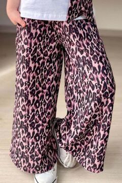 Kız Çocuk Leopar Desenli Fiyonk T-shirt Bol Kesim Leoparlı Keten Alt Üst Takım
