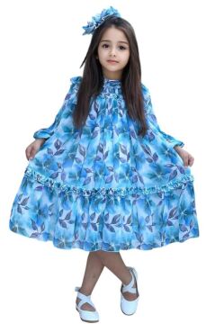 Kız Çocuk Yakası ve Omuzları Fırfır Detaylı Çiçek İşlemeli Pliseli Mavi Elbise