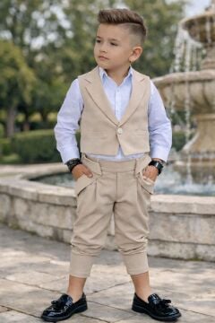 Erkek Çocuk Şal Yaka Detaylı Yelek Gabardin Gömlek Krem Alt Üst Takım