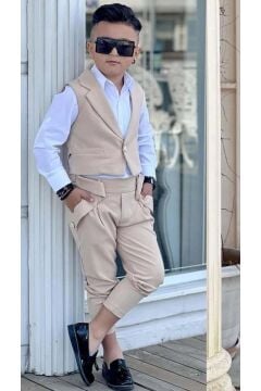 Erkek Çocuk Şal Yaka Detaylı Yelek Gabardin Gömlek Krem Alt Üst Takım