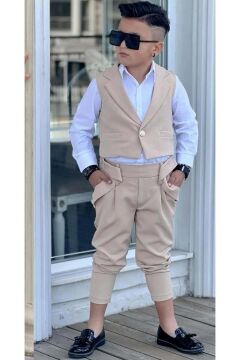 Erkek Çocuk Şal Yaka Detaylı Yelek Gabardin Gömlek Krem Alt Üst Takım