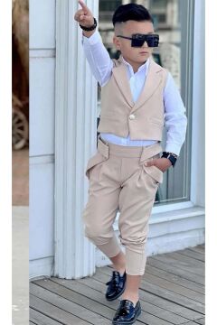 Erkek Çocuk Şal Yaka Detaylı Yelek Gabardin Gömlek Krem Alt Üst Takım