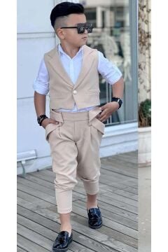 Erkek Çocuk Şal Yaka Detaylı Yelek Gabardin Gömlek Krem Alt Üst Takım