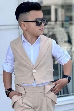 Erkek Çocuk Şal Yaka Detaylı Yelek Gabardin Gömlek Krem Alt Üst Takım