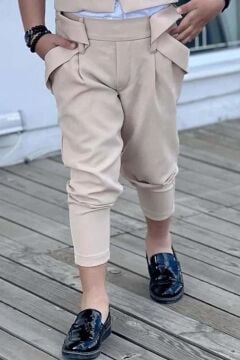 Erkek Çocuk Şal Yaka Detaylı Yelek Gabardin Gömlek Krem Alt Üst Takım