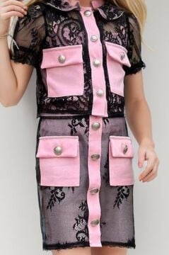 Kız Çocuk Transparan Dantel İşlemeli İçi Astarlı Cep Detaylı Pempe Etekli Takım