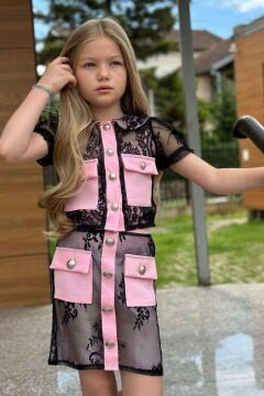 Kız Çocuk Transparan Dantel İşlemeli İçi Astarlı Cep Detaylı Pempe Etekli Takım