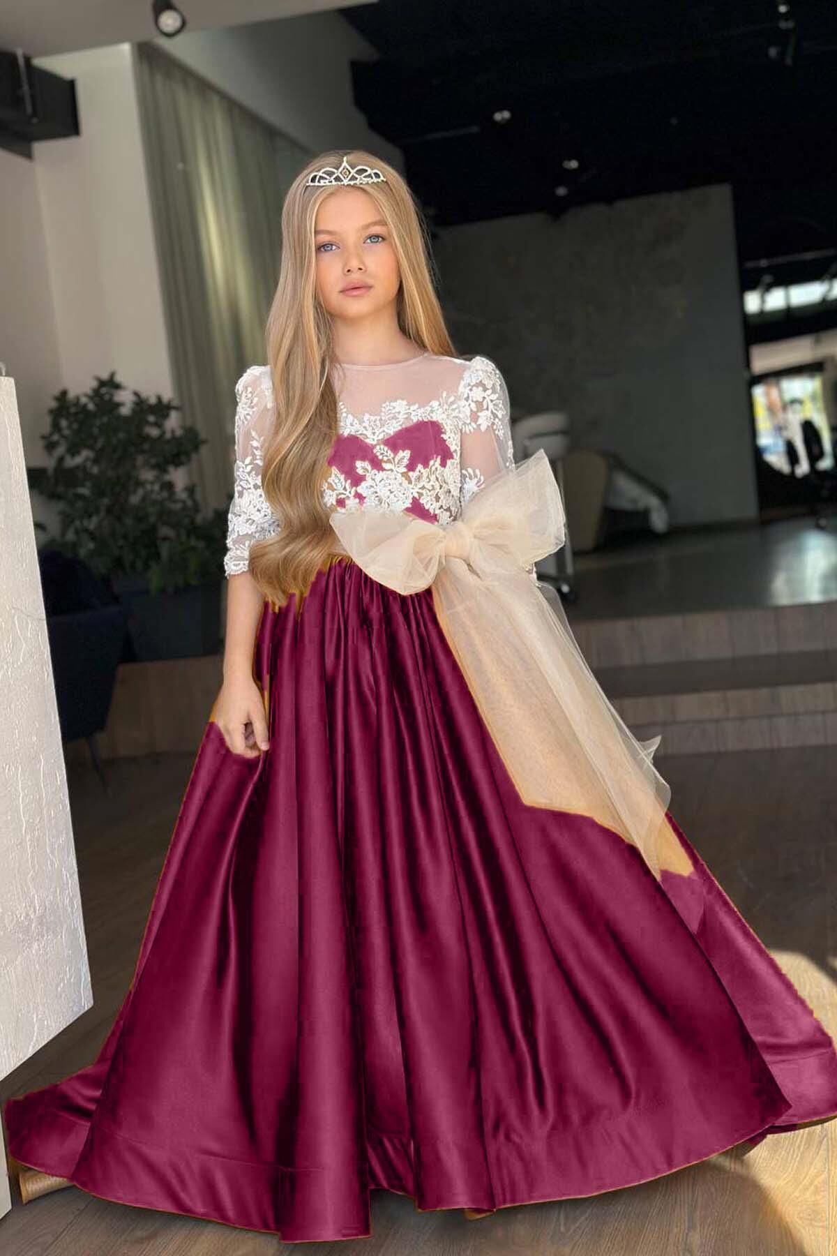 Kız Çocuk Yakası Şeffaf Tül Omuz ve Kolları Güpür İşlemeli Fiyonk Detaylı Saten Bordo Uzun Abiye