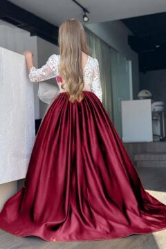 Kız Çocuk Yakası Şeffaf Tül Omuz ve Kolları Güpür İşlemeli Fiyonk Detaylı Saten Bordo Uzun Abiye