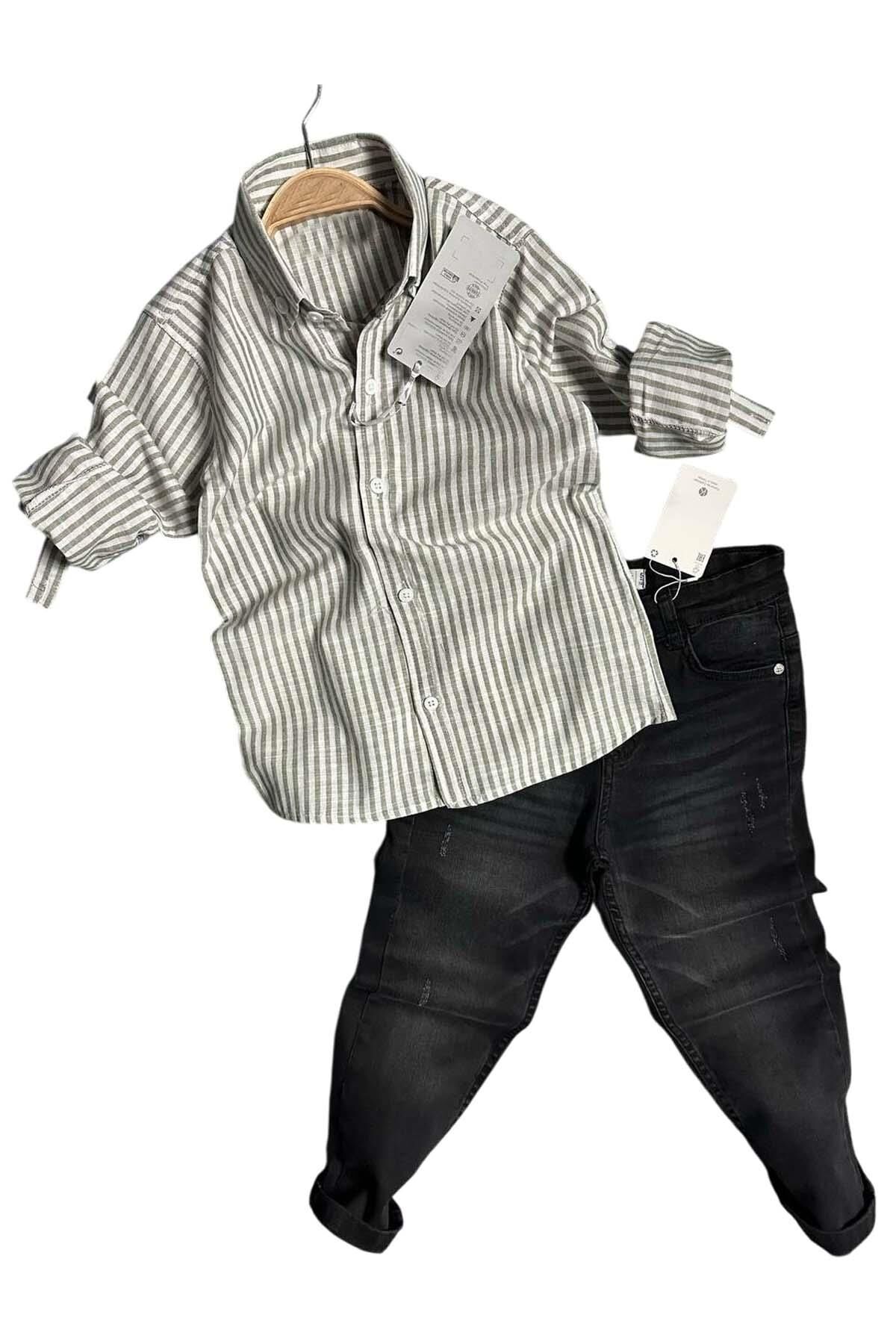 Erkek Çocuk Çizgili Keten Gömlek Siyah Jean Pantolon Alt Üst Takım