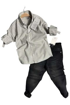 Erkek Çocuk Çizgili Keten Gömlek Siyah Jean Pantolon Alt Üst Takım