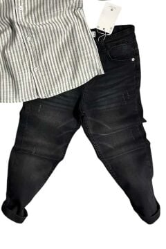 Erkek Çocuk Çizgili Keten Gömlek Siyah Jean Pantolon Alt Üst Takım