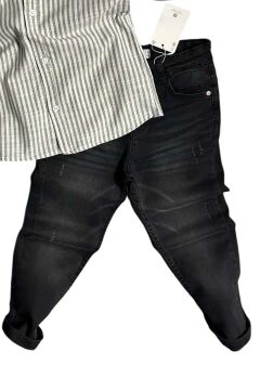 Erkek Çocuk Çizgili Keten Gömlek Siyah Jean Pantolon Alt Üst Takım