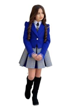 Kız Çocuk Blazer Ceket, Kravat Çizgili Parlament Mavi Etekli Takım