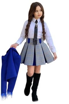 Kız Çocuk Blazer Ceket, Kravat Çizgili Parlament Mavi Etekli Takım