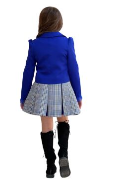 Kız Çocuk Blazer Ceket, Kravat Çizgili Parlament Mavi Etekli Takım