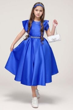 Kız Çocuk Omuzu Fiyonk Broş Detaylı Beli Taş Yonca İşlemeli Saks Mavi Elbise