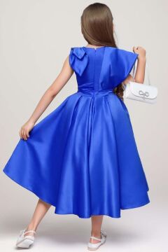 Kız Çocuk Omuzu Fiyonk Broş Detaylı Beli Taş Yonca İşlemeli Saks Mavi Elbise