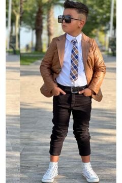 Erkek Çocuk Klasik Gömlek Kravatlı Kapitone Taba Mont Slim Pantolon Kesim Pantolon Alt Üst Takım