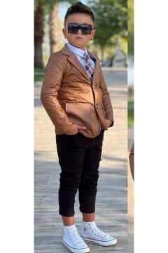 Erkek Çocuk Klasik Gömlek Kravatlı Kapitone Taba Mont Slim Pantolon Kesim Pantolon Alt Üst Takım