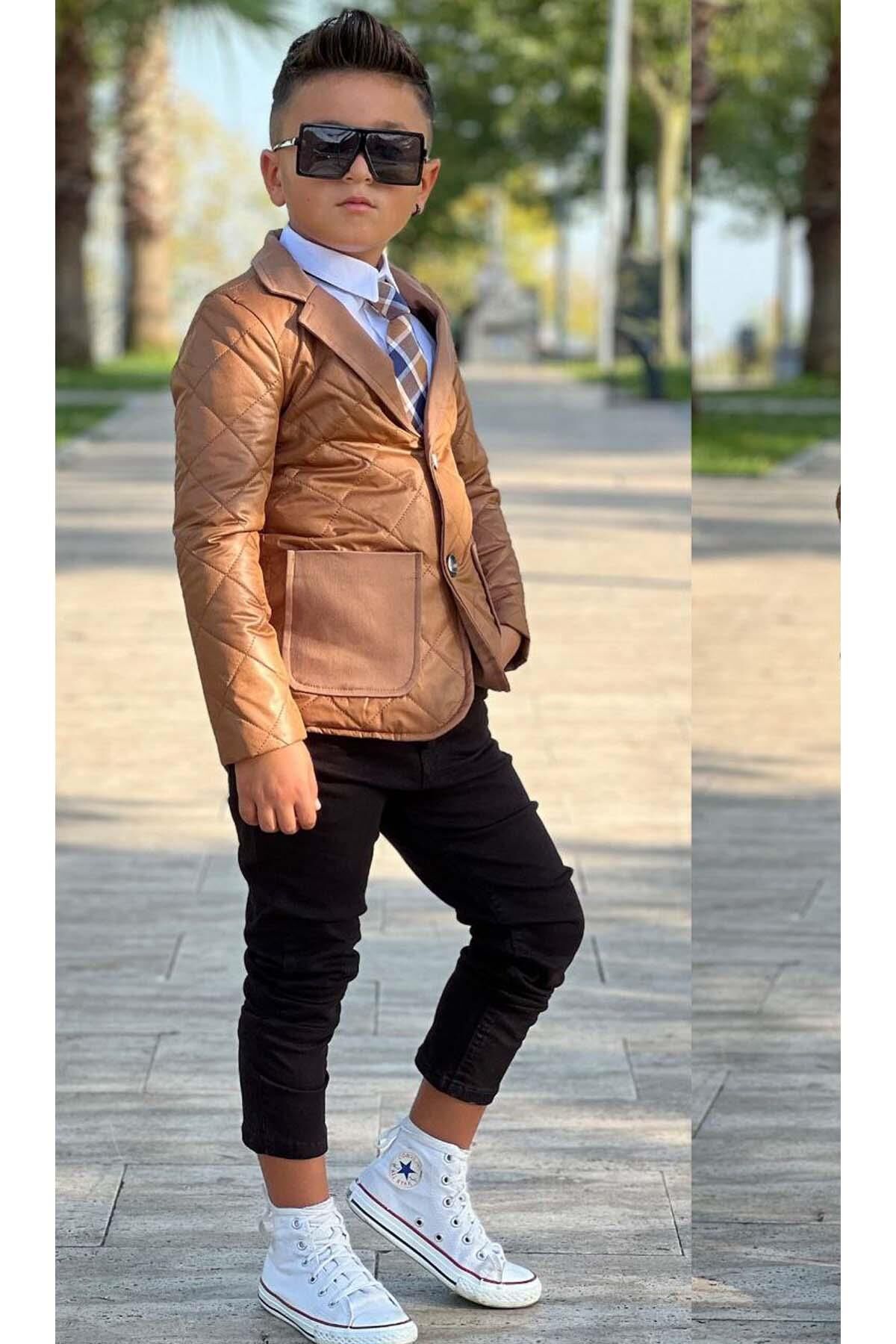 Erkek Çocuk Klasik Gömlek Kravatlı Kapitone Taba Mont Slim Pantolon Kesim Pantolon Alt Üst Takım