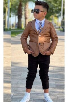 Erkek Çocuk Klasik Gömlek Kravatlı Kapitone Taba Mont Slim Pantolon Kesim Pantolon Alt Üst Takım
