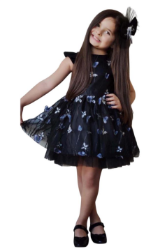 Kız Çocuk Omuzları Fırfır Detaylı Üzeri Kelebek Motifli Eteği Tüllü Siyah Elbise