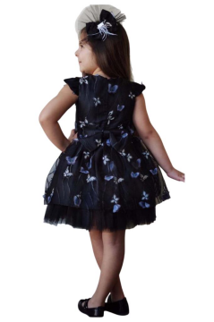 Kız Çocuk Omuzları Fırfır Detaylı Üzeri Kelebek Motifli Eteği Tüllü Siyah Elbise