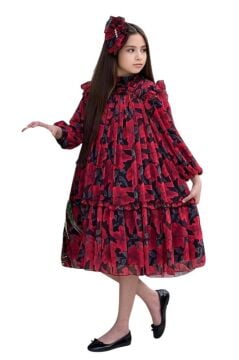 Kız Çocuk Yakası ve Omuzları Fırfır Detaylı Çiçek İşlemeli Pliseli Kırmızı Elbise