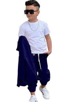 Erkek Çocuk Cıtcıt Düğme Detaylı Gömlek Yaka Ceket Penye Tişört Picote Mavi Eşofman Takım