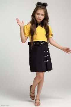Kız Çocuk Gömlek Yaka Balon Kollu Sarı Bluz Çengel Detaylı Kemerli Etekli Takım