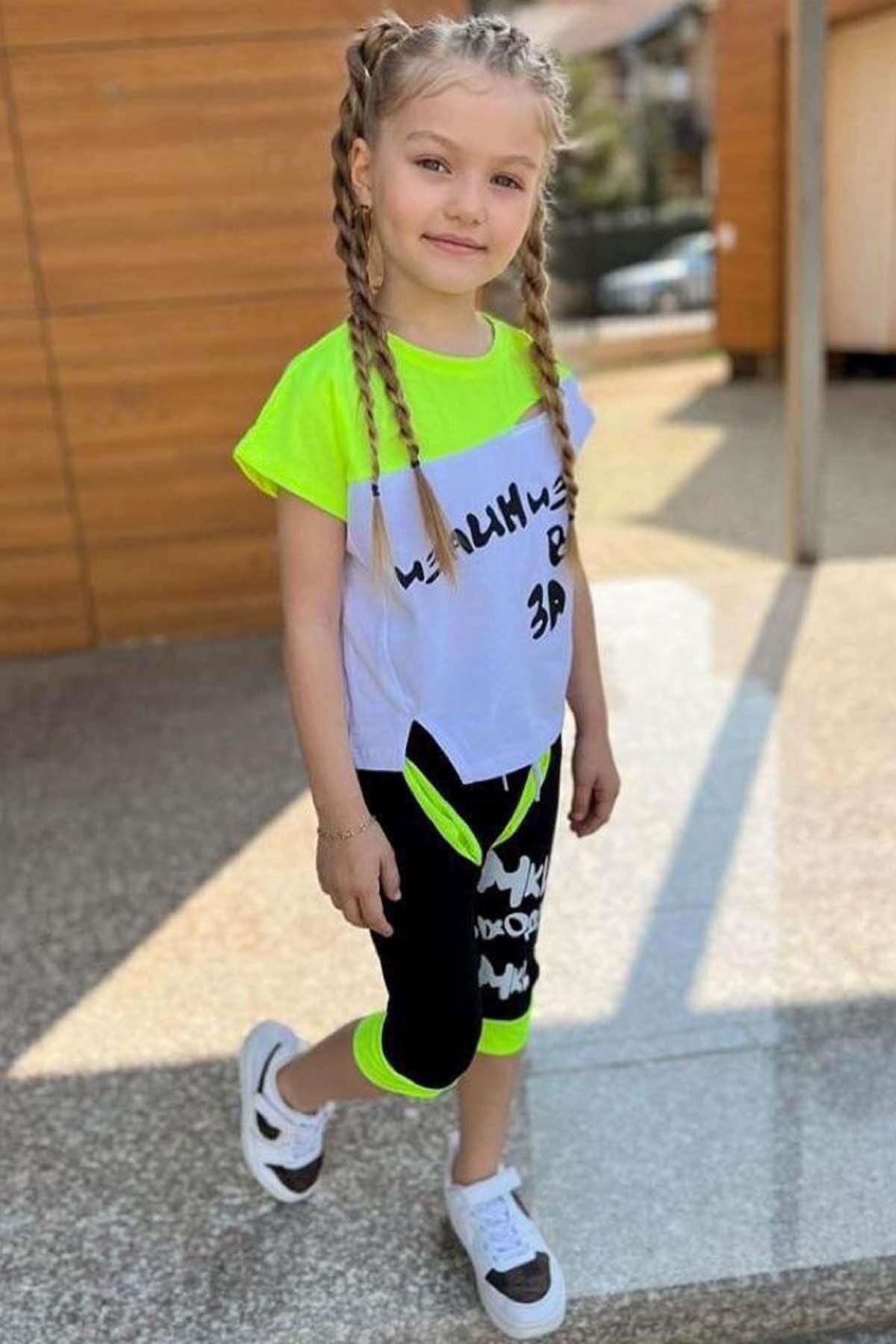 Kız Çocuk Yazı Baskılı Neon Sarı Kapri Şortlu Takım