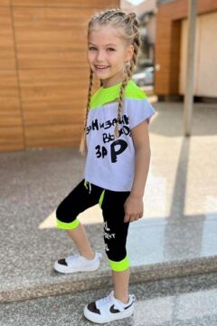 Kız Çocuk Yazı Baskılı Neon Sarı Kapri Şortlu Takım