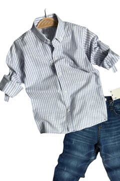 Erkek Çocuk Çizgili Keten Gömlek Lacivert Jean Pantolon Alt Üst Takım