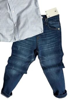 Erkek Çocuk Çizgili Keten Gömlek Lacivert Jean Pantolon Alt Üst Takım