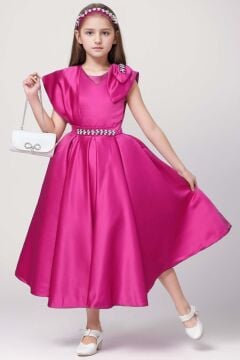 Kız Çocuk Omuzu Fiyonk Broş Detaylı Beli Taş Yonca İşlemeli Fuşya Elbise
