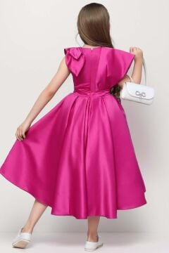 Kız Çocuk Omuzu Fiyonk Broş Detaylı Beli Taş Yonca İşlemeli Fuşya Elbise