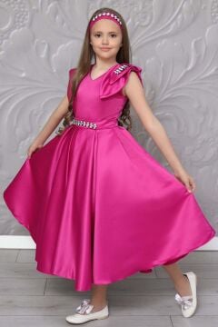 Kız Çocuk Omuzu Fiyonk Broş Detaylı Beli Taş Yonca İşlemeli Fuşya Elbise