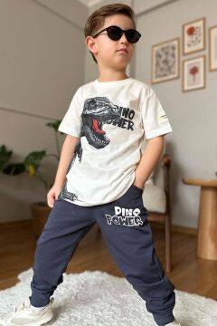 Erkek Çocuk Dinazor Digital Baskı Ve Yazı Detaylı T-Shirt Siyah Eşofman Takım