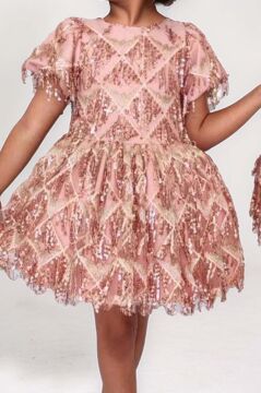 Kız Çocuk Üzeri Pulpayet İşlemeli Püsküllü Parlak Somon Elbise