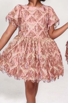 Kız Çocuk Üzeri Pulpayet İşlemeli Püsküllü Parlak Somon Elbise