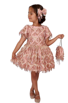 Kız Çocuk Üzeri Pulpayet İşlemeli Püsküllü Parlak Somon Elbise