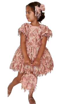 Kız Çocuk Üzeri Pulpayet İşlemeli Püsküllü Parlak Somon Elbise