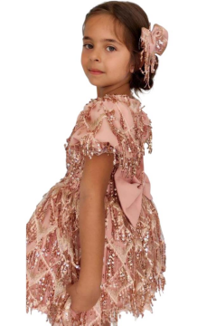 Kız Çocuk Üzeri Pulpayet İşlemeli Püsküllü Parlak Somon Elbise