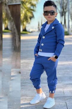 Erkek Çocuk Bisiklet Yaka Bluz ve Gümüş Düğme Detaylı Lacivert Ceket Alt Üst Takım