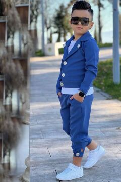 Erkek Çocuk Bisiklet Yaka Bluz ve Gümüş Düğme Detaylı Lacivert Ceket Alt Üst Takım